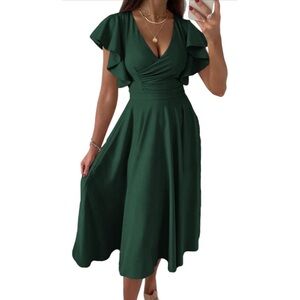 Elegant Flutter Sleeve V-Neck Midi Dress